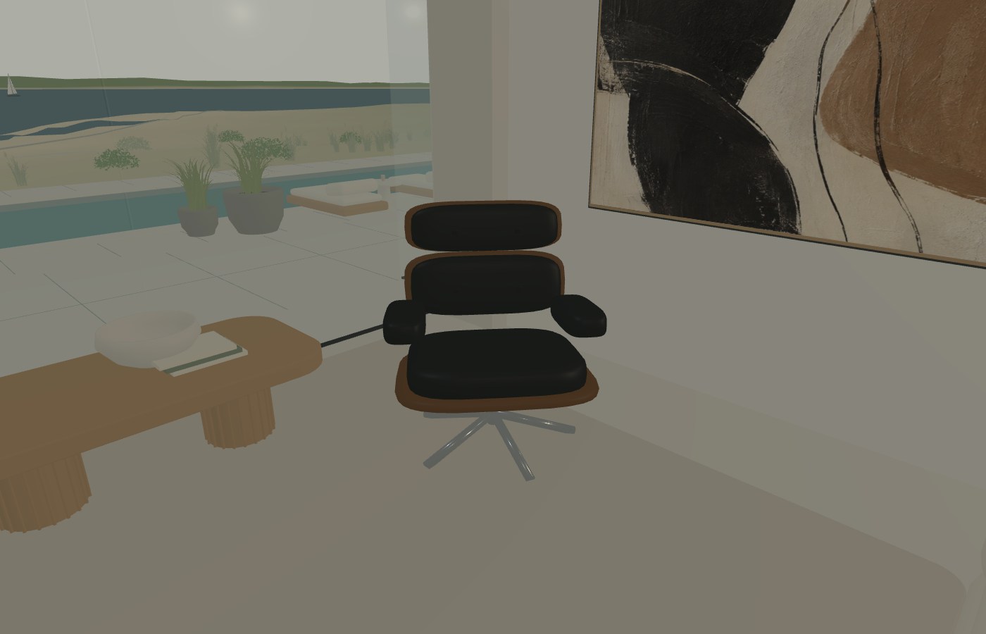 Walnut and black leather lounge chair in the snug